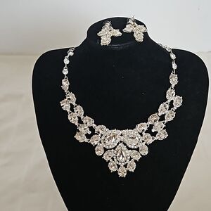 Dress Line Statement Piece Necklace & Earring Set Crystal White